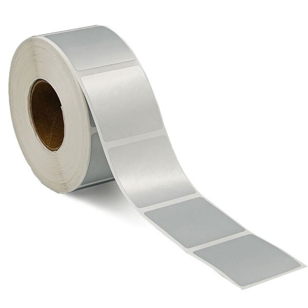 Silver polyester etiketter, på rulle, 40x40 mm